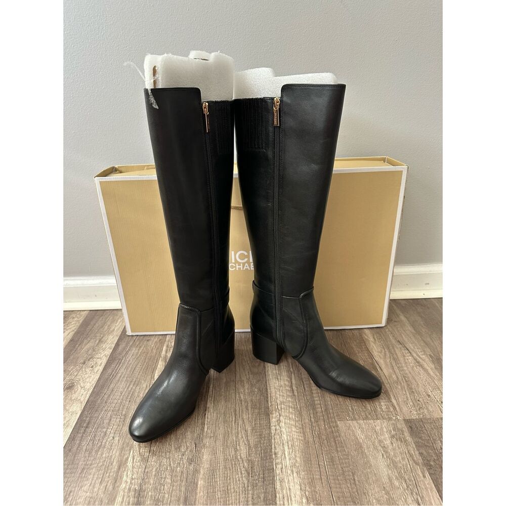 Michael Kors Side Zip Logo Buckle Carmen Leather Tall Riding Boots Black Sz 7.5M - Picture 10 of 12